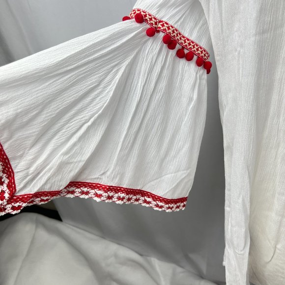NWT Solitaire by Ravi Khosla White Peasant Top Sz L Red PomPoms Gauze-like Boho - Picture 3 of 7